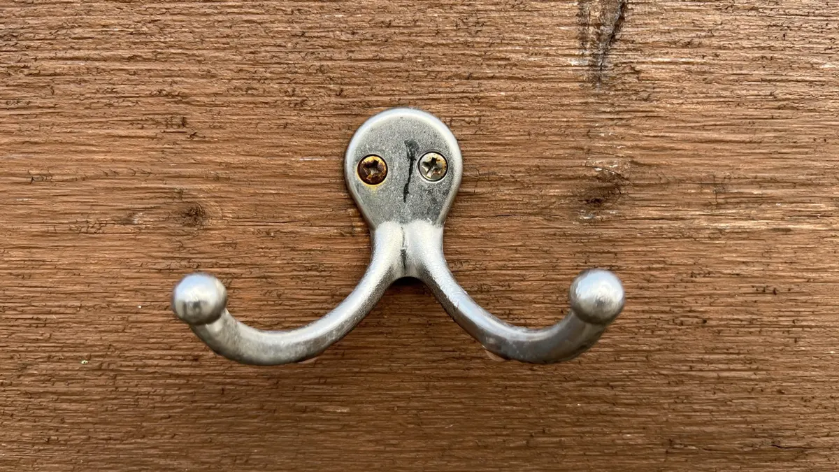 Brushed metal double hook on a wooden wall
