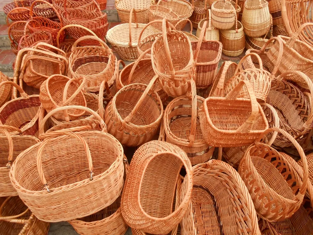 Stacks of natural woven wicker baskets