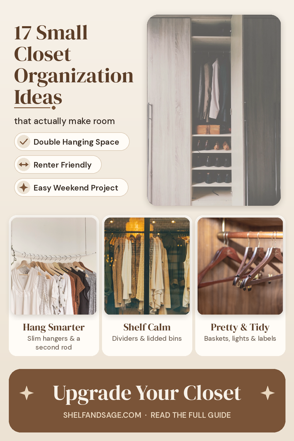 Pinterest graphic: 17 Small Closet Organization Ideas That Actually Make Room